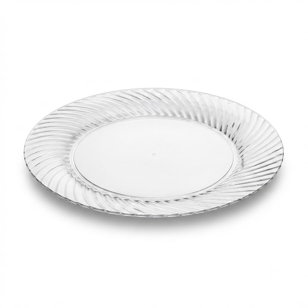 Glownary Wave 9 Inch Clear Plastic Plates, Round Polystyrene, Scalloped Edge, BPA Free, Disposable, for Weddings and Events, 18 Count