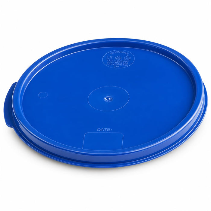 [6 PACK] Round Polypropylene Food Storage Container Lid, Blue, 12-22 Qt Capacity, NSF Listed, Double-Sealing, Stackable, Dishwasher Safe, 13 x 12.75 x 0.75 Inch