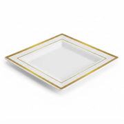Glownary Halo Square Plastic Dinner Plate, White with Gold Bands, 10 Inch, BPA Free, Disposable, 10 Count Sample Pack