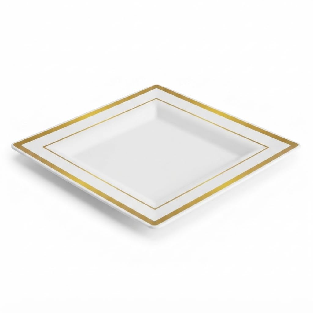 Glownary Halo Square Plastic Dinner Plate, White with Gold Bands, 10 Inch, BPA Free, Disposable, 10 Count Sample Pack