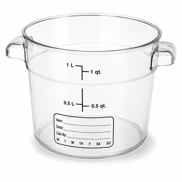 Glownary 1 Qt Round Polycarbonate Food Storage Container, Clear with Black Gradations, Stackable, NSF Listed, Commercial Grade, Freezer Safe, 5 Inch Height