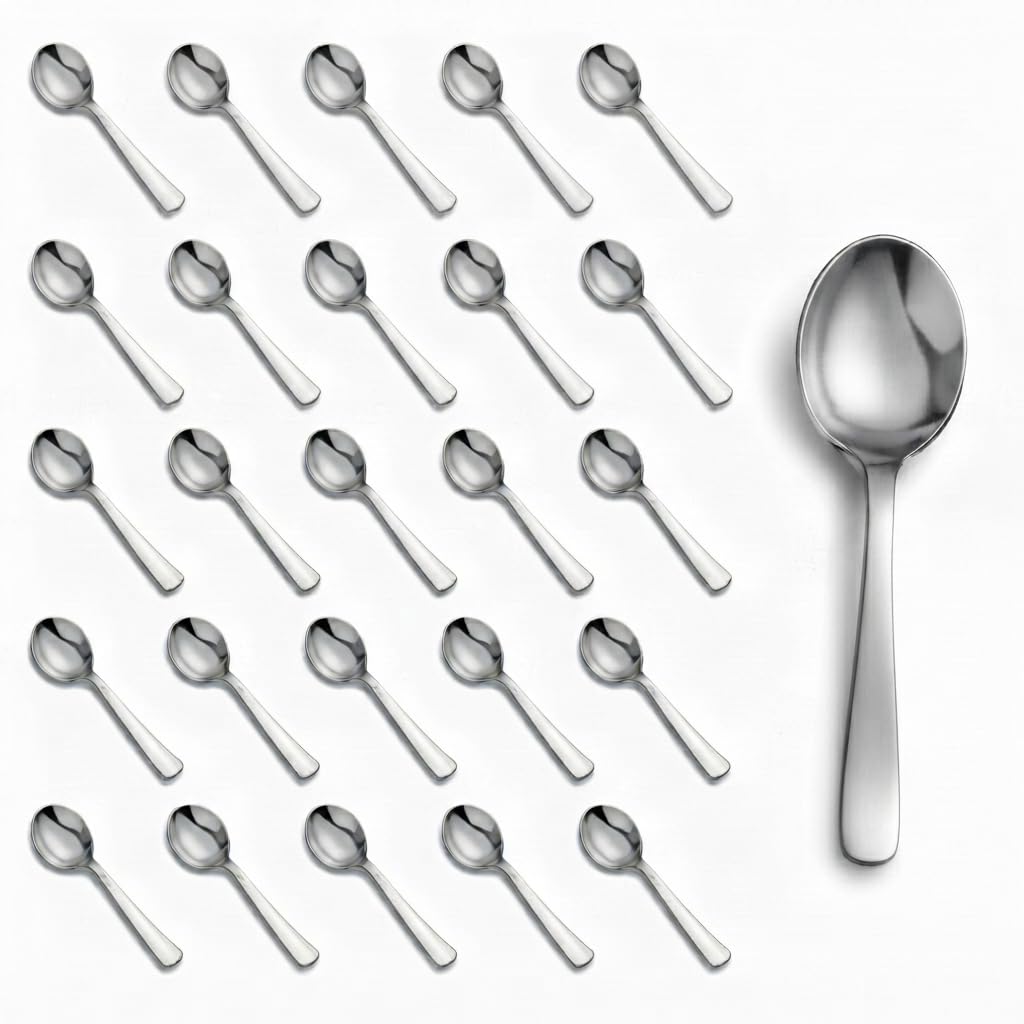 Glownary Classic Heavy Weight Plastic Soup Spoons, Silver, 5 7/8 Inches, 50 Pack, Disposable, Metallic Finish