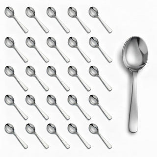 Glownary Classic Heavy Weight Plastic Soup Spoons, Silver, 5 7/8 Inches, 50 Pack, Disposable, Metallic Finish