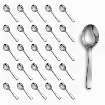 Glownary Classic Heavy Weight Plastic Soup Spoons, Silver, 5 7/8 Inches, 50 Pack, Disposable, Metallic Finish