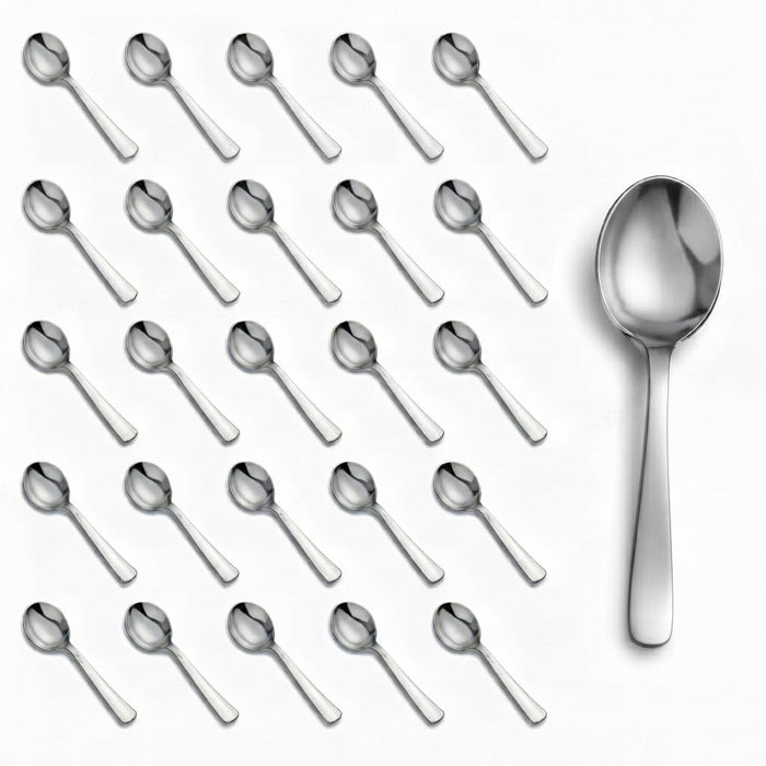 Glownary Classic Heavy Weight Plastic Soup Spoons, Silver, 5 7/8 Inches, 50 Pack, Disposable, Metallic Finish
