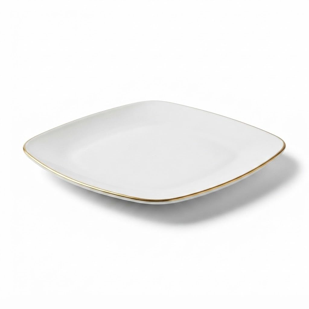 Glownary Coupe Dynasty Square Plastic Plates, White with Gold Band, 10 Inch, BPA Free, Disposable, 10 Count, for Events and Weddings