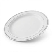 Glownary Halo 9 Inch White Plastic Plates with Silver Bands, Round Disposable Polystyrene, BPA Free, for Events and Weddings, 12 Count