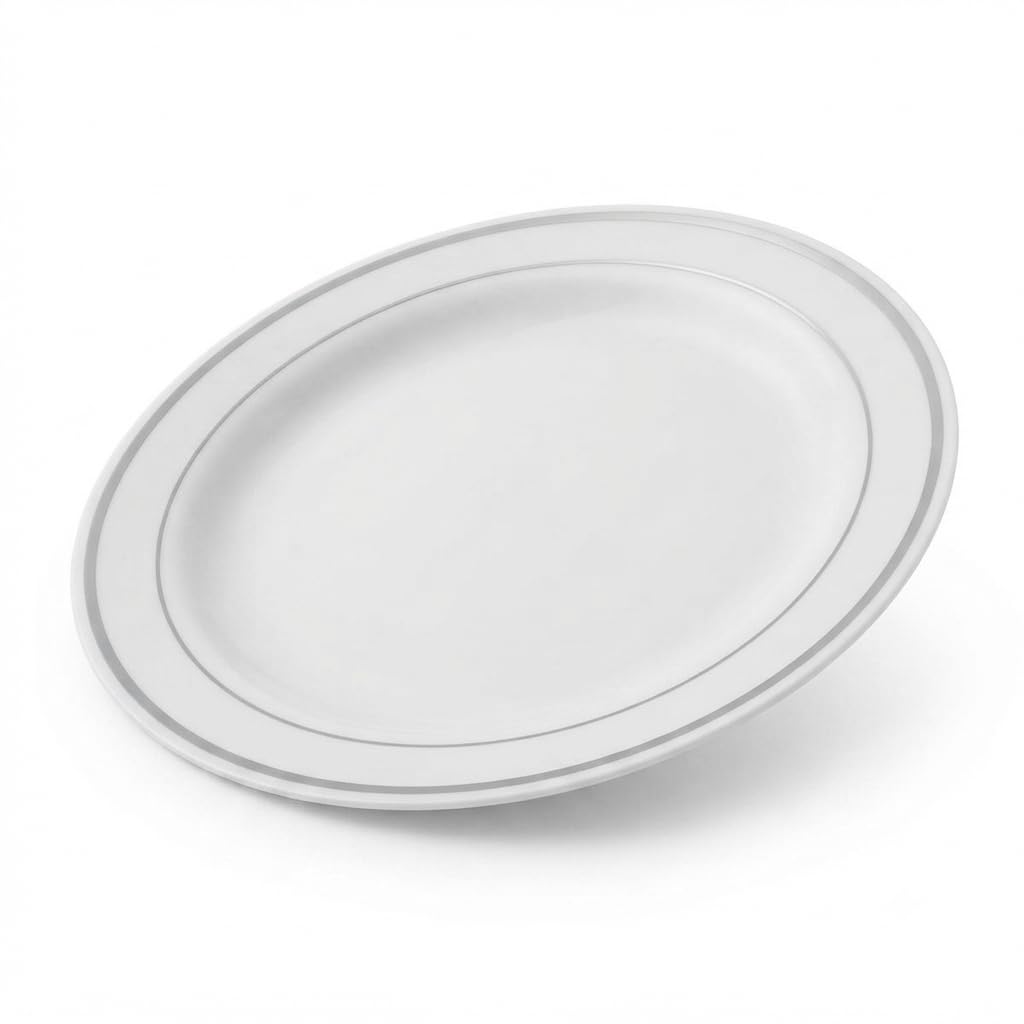 Glownary Halo 9 Inch White Plastic Plates with Silver Bands, Round Disposable Polystyrene, BPA Free, for Events and Weddings, 12 Count