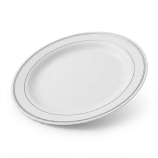 Glownary Halo 9 Inch White Plastic Plates with Silver Bands, Round Disposable Polystyrene, BPA Free, for Events and Weddings, 12 Count