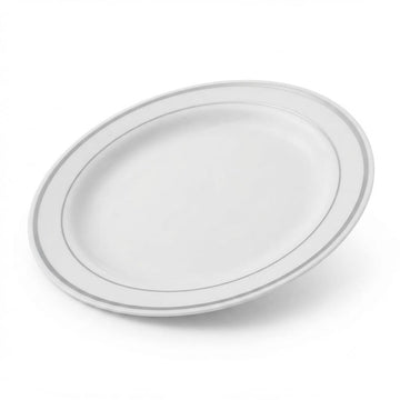 Glownary Halo 9 Inch White Plastic Plates with Silver Bands, Round Disposable Polystyrene, BPA Free, for Events and Weddings, 12 Count