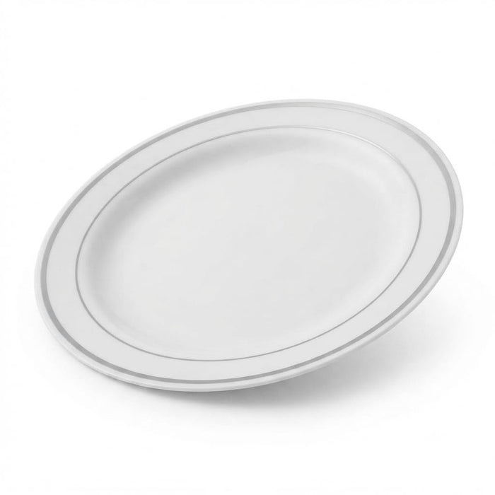 Glownary Halo 9 Inch White Plastic Plates with Silver Bands, Round Disposable Polystyrene, BPA Free, for Events and Weddings, 12 Count