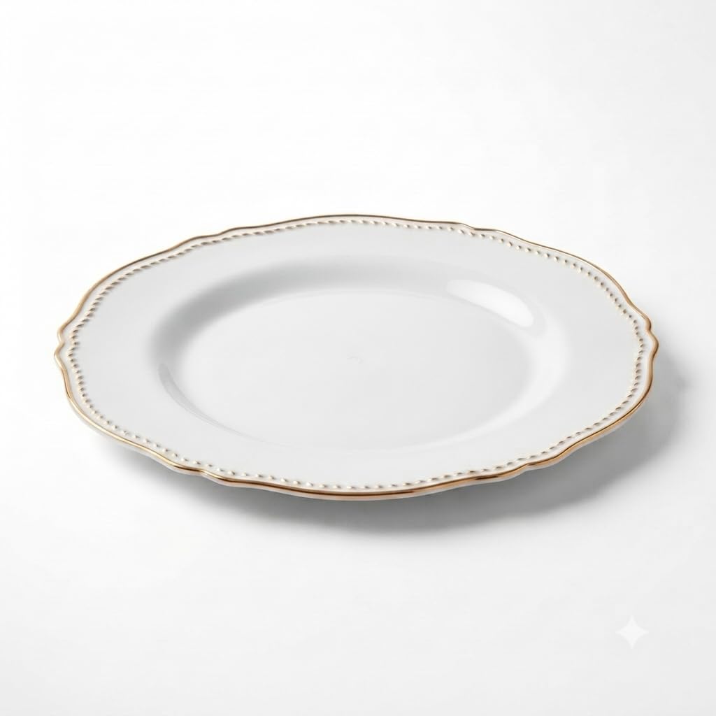 Glownary Heirloom Round Plastic Plates, 9 Inch, White with Gold Vintage Rim, BPA Free, for Weddings and Events, 12 Count