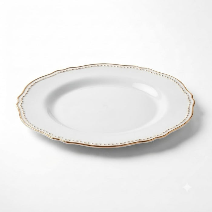 Glownary Heirloom Round Plastic Plates, 9 Inch, White with Gold Vintage Rim, BPA Free, for Weddings and Events, 12 Count