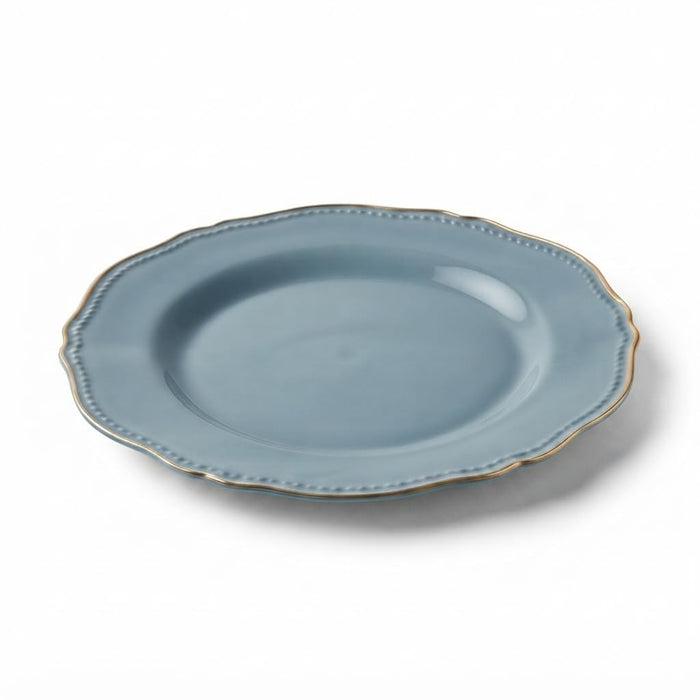 Glownary Heirloom Steel Blue Round Plastic Plates, 9 Inch, Silver Vintage Rim, Disposable, BPA Free, for Events and Weddings, 12 Count