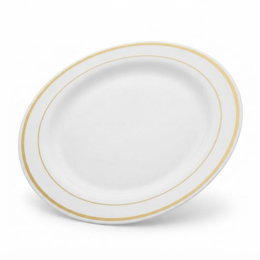 Glownary Halo White Plastic Plates with Gold Bands, 9 Inch Round, BPA Free Disposable, Polystyrene, 12 Count, for Events and Weddings