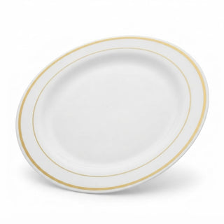 Glownary Halo White Plastic Plates with Gold Bands, 9 Inch Round, BPA Free Disposable, Polystyrene, 12 Count, for Events and Weddings