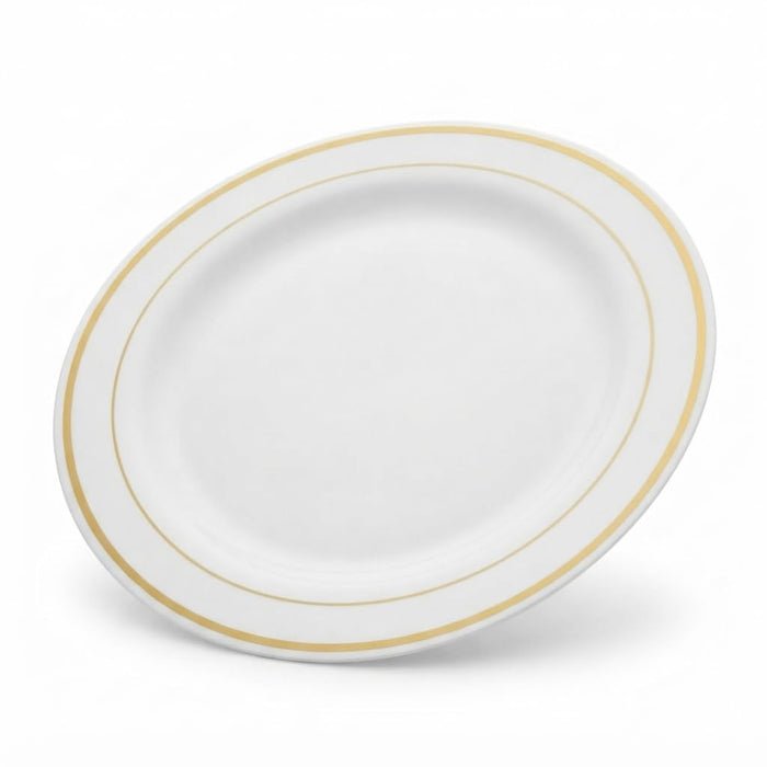 Glownary Halo White Plastic Plates with Gold Bands, 9 Inch Round, BPA Free Disposable, Polystyrene, 12 Count, for Events and Weddings