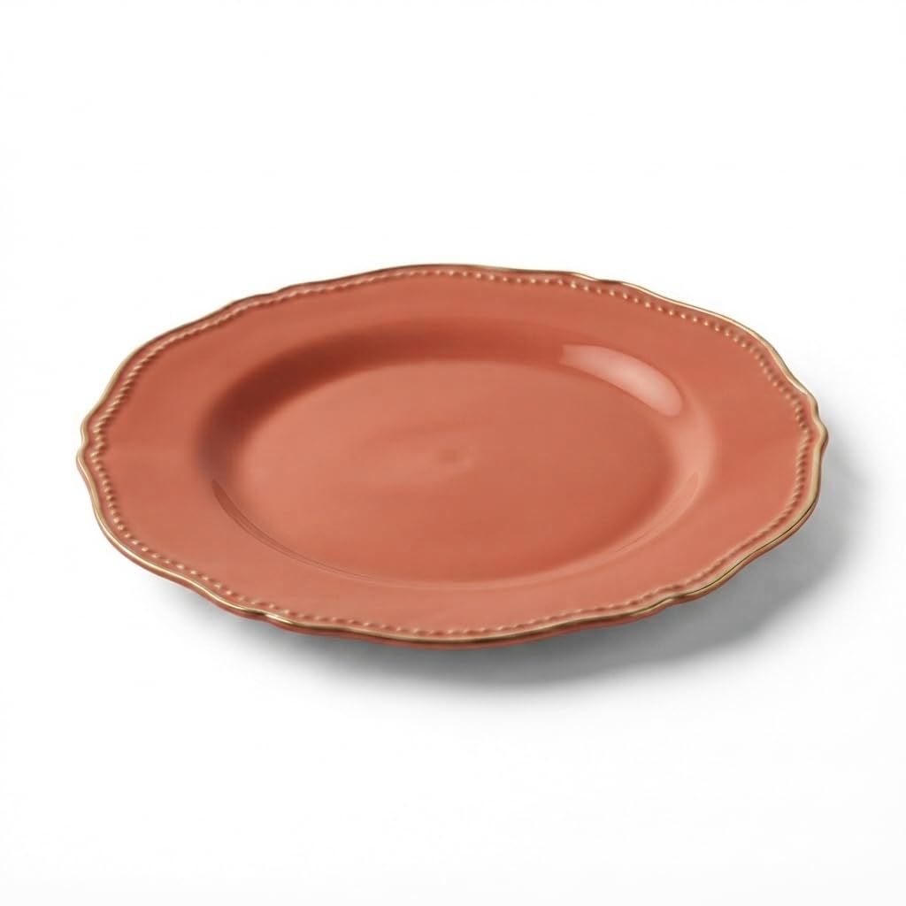 Glownary Heirloom Terra Cotta Round Plastic Plates, 9 Inch, Gold Vintage Rim, BPA Free, Disposable for Events and Weddings, 12 Count