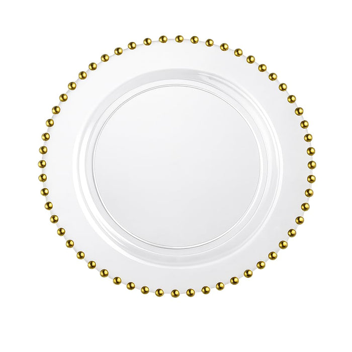 Glownary Clear Plastic Round Plates, 9 Inch, Gold Beaded Rim, BPA Free, Disposable, 12 Count, for Weddings and Events