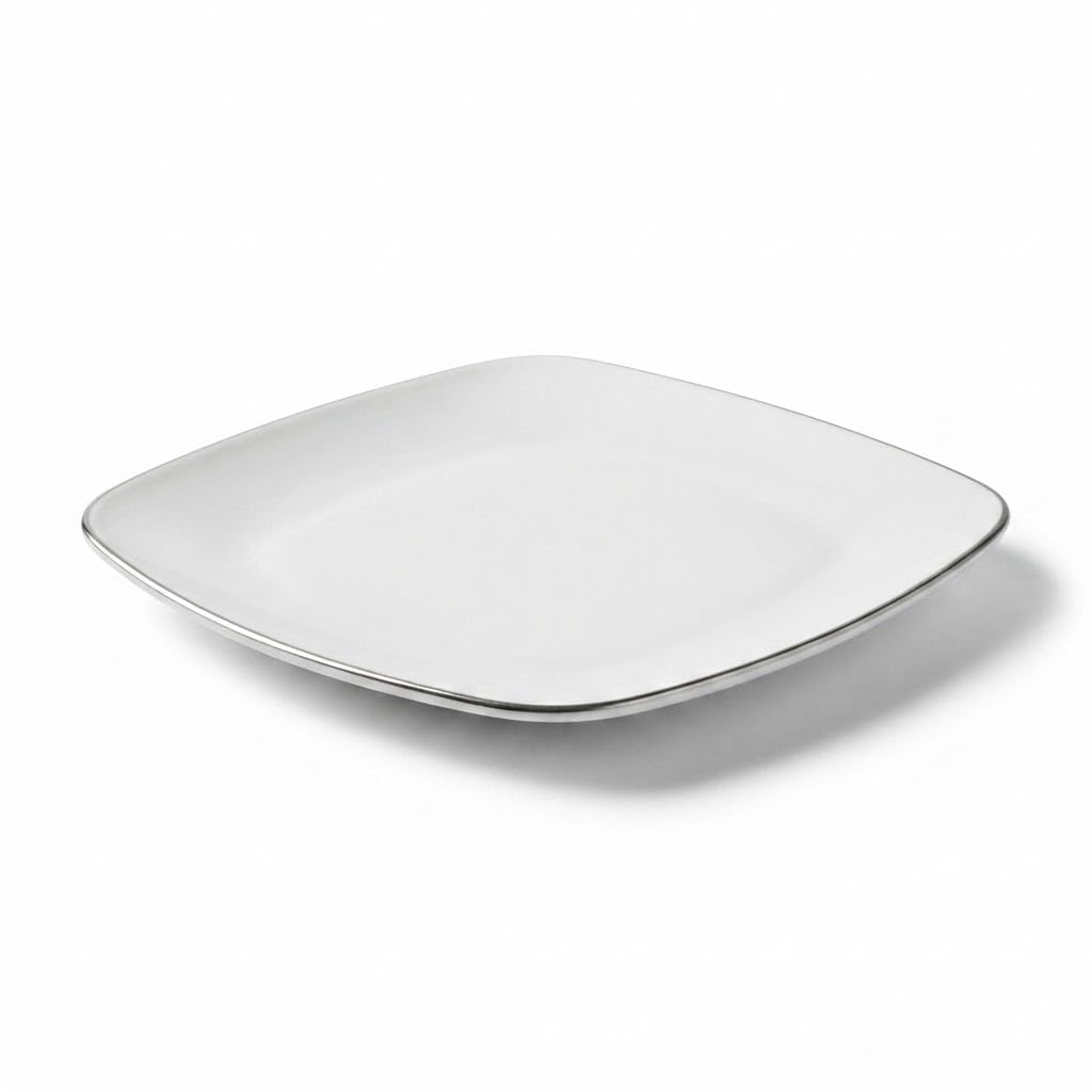 Glownary Coupe Dynasty Square Plastic Plates, 10 Inch, White with Silver Band, BPA Free, Disposable, 10 Count, for Events and Weddings