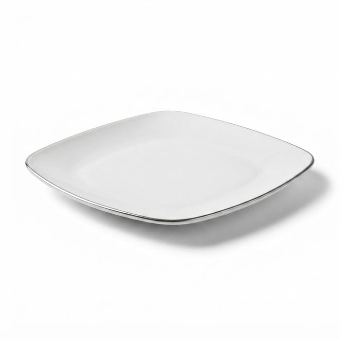 Glownary Coupe Dynasty Square Plastic Plates, 10 Inch, White with Silver Band, BPA Free, Disposable, 10 Count, for Events and Weddings