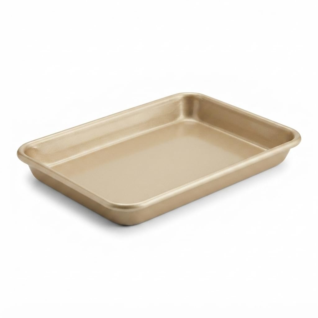 Gold Non-Stick Aluminum Sheet Pan, 1/8 Size, 19 Gauge Wire Rim Bun Tray, 6.5 x 9.5 Inch, Freezer and Oven Safe Rectangle Sheet Pan Tray