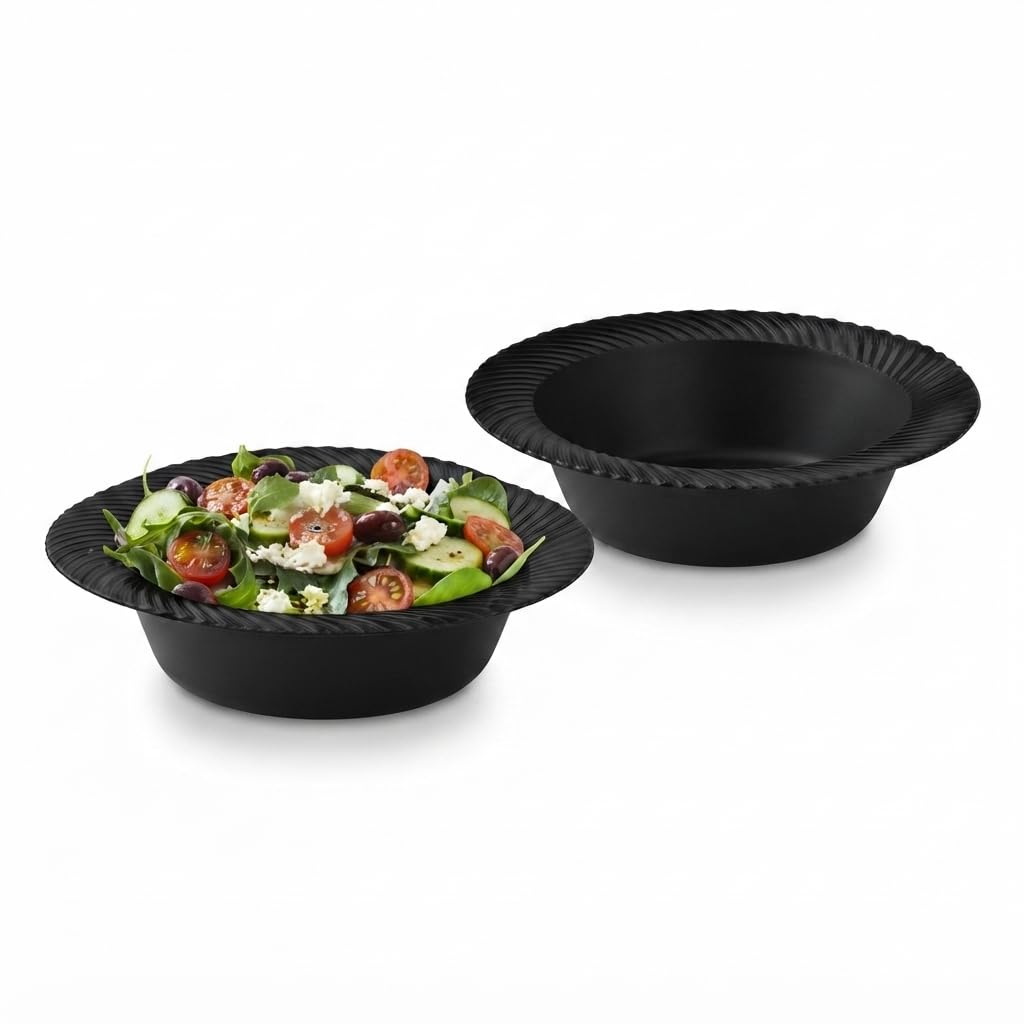 Glownary Wave Black Plastic Bowl, 12 oz Capacity, 7 Inch Diameter, Scalloped Edge, BPA Free, Disposable, for Banquets and Catered Events, 18 Count