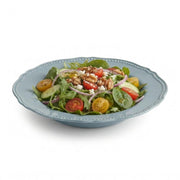 Glownary Heirloom Steel Blue Plastic Bowl with Silver Vintage Rim, 10 oz, Round, 7.5 Inch, BPA Free, Disposable, for Catering and Events, 12 Count