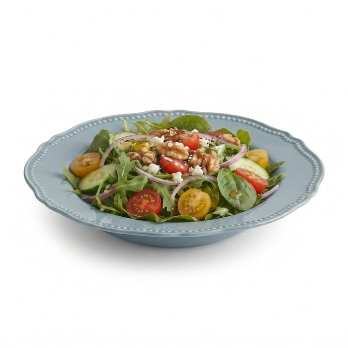 Glownary Heirloom Steel Blue Plastic Bowl with Silver Vintage Rim, 10 oz, Round, 7.5 Inch, BPA Free, Disposable, for Catering and Events, 12 Count