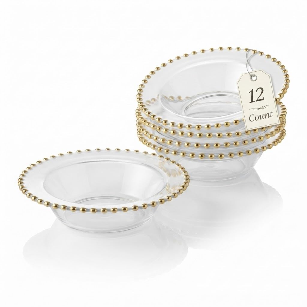 Glownary Beaded Round Plastic Bowl, Clear with Gold Rim, 14 oz, 7 Inch Diameter, BPA Free, Disposable, 12 Count