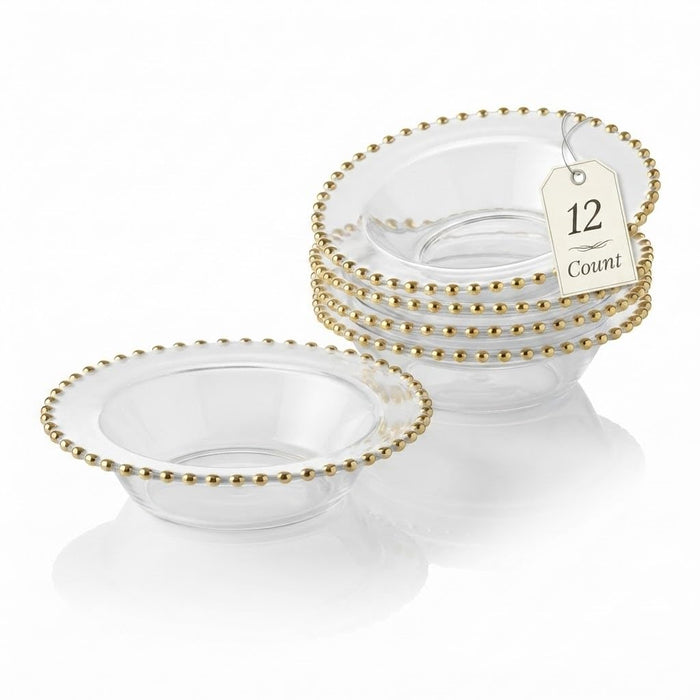 Glownary Beaded Round Plastic Bowl, Clear with Gold Rim, 14 oz, 7 Inch Diameter, BPA Free, Disposable, 12 Count