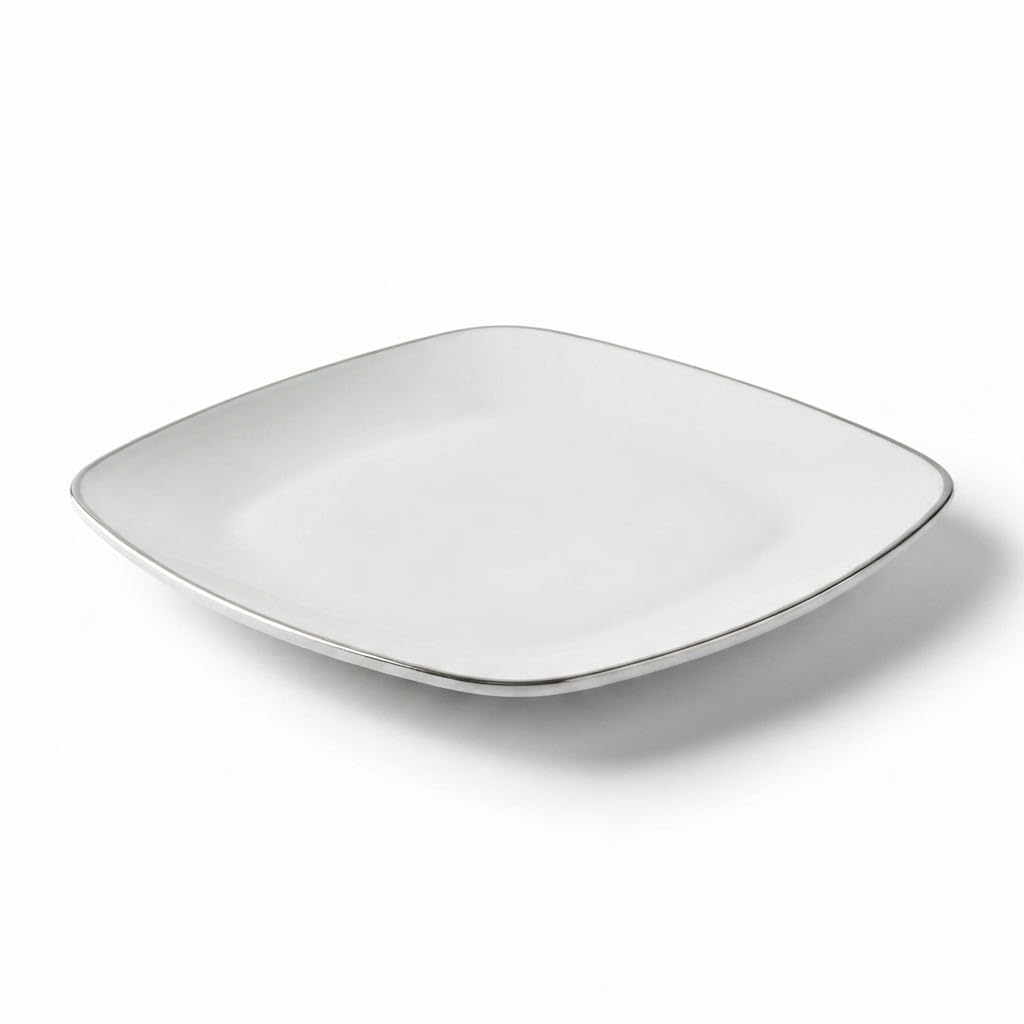 Glownary Square Plastic Plates, 6 Inch White with Silver Band, Disposable Coupe Dynasty Collection, BPA Free, 10 Count Sample Pack for Events and Weddings