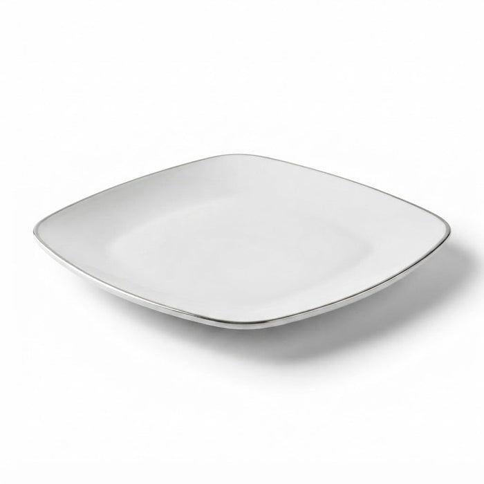 Glownary Square Plastic Plates, 6 Inch White with Silver Band, Disposable Coupe Dynasty Collection, BPA Free, 10 Count Sample Pack for Events and Weddings