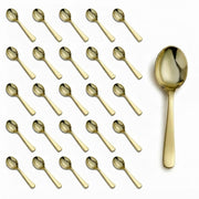 Glownary Classic Heavy Weight Plastic Soup Spoons, Gold, 5 7/8 Inches, 25 Pack, Metallic Finish, Disposable Flatware for Banquets and Catered Events