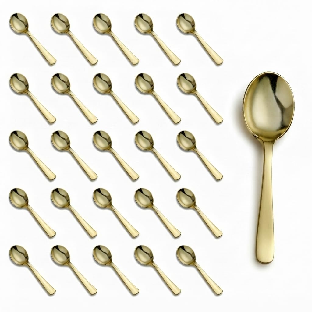Glownary Classic Heavy Weight Plastic Soup Spoons, Gold, 5 7/8 Inches, 25 Pack, Metallic Finish, Disposable Flatware for Banquets and Catered Events