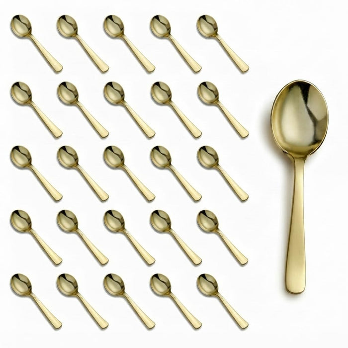 Glownary Classic Heavy Weight Plastic Soup Spoons, Gold, 5 7/8 Inches, 25 Pack, Metallic Finish, Disposable Flatware for Banquets and Catered Events