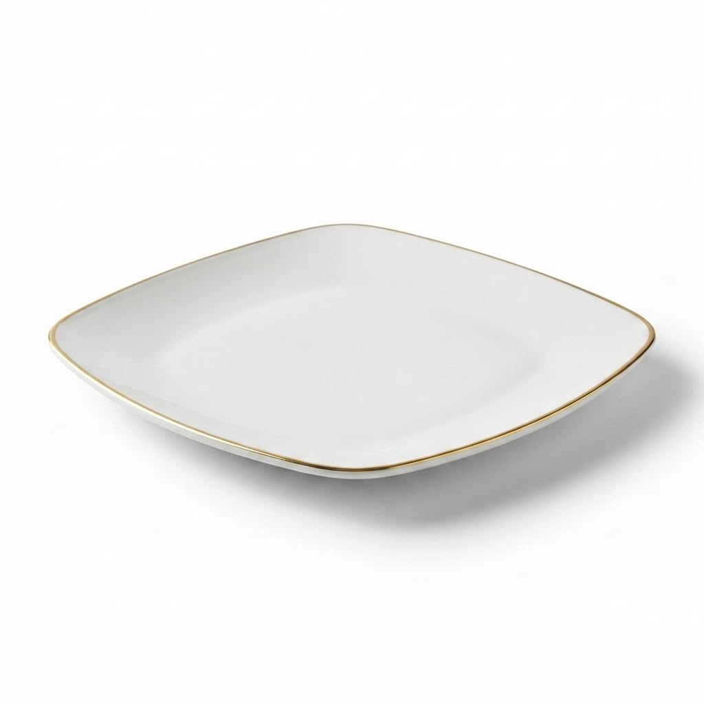 Glownary Coupe Dynasty White Square Plastic Plates with Gold Band, 6 Inch, BPA Free, Disposable, for Events and Weddings, 10 Count