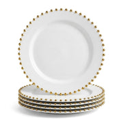 Glownary White Plastic Plates with Gold Beaded Rim, 9 Inch Round, BPA Free, Disposable, 12 Count, for Events and Weddings