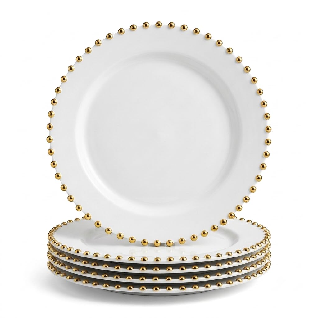 Glownary White Plastic Plates with Gold Beaded Rim, 9 Inch Round, BPA Free, Disposable, 12 Count, for Events and Weddings