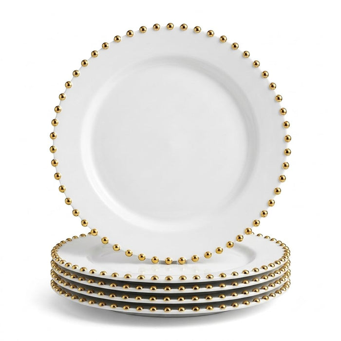Glownary White Plastic Plates with Gold Beaded Rim, 9 Inch Round, BPA Free, Disposable, 12 Count, for Events and Weddings