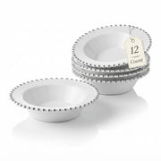 Glownary Beaded Round Plastic Bowl, 14 oz, White with Silver Rim, Disposable, BPA Free, 7 Inch Diameter, 12 Count