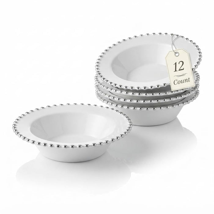 Glownary Beaded Round Plastic Bowl, 14 oz, White with Silver Rim, Disposable, BPA Free, 7 Inch Diameter, 12 Count