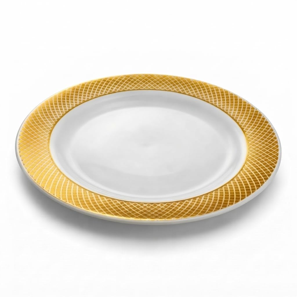 Glownary Lattice White Plastic Plates with Gold Design, 7.5 Inch Round, 15 Count, Disposable, BPA Free, for Events and Weddings