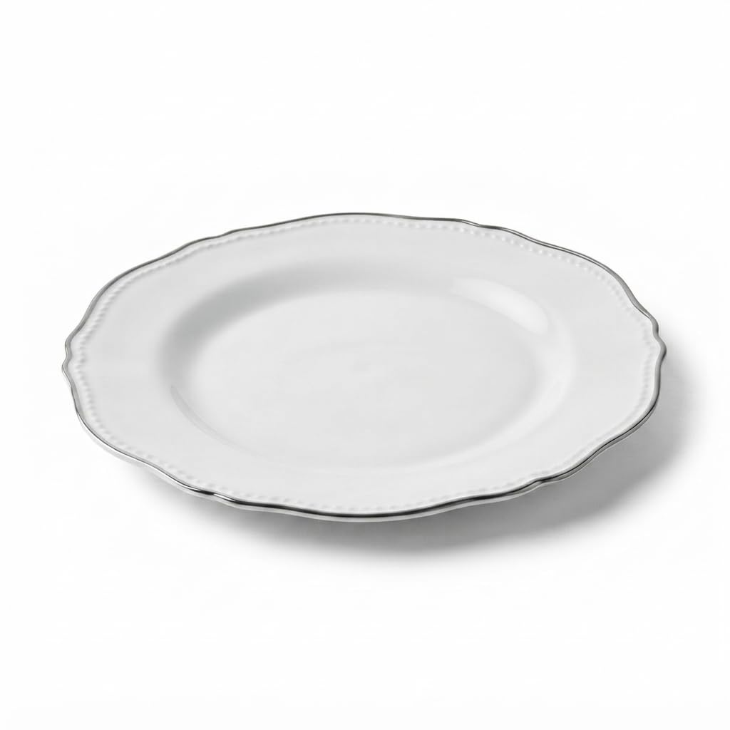 Glownary Heirloom 9 Inch Round Plastic Plates, White with Silver Vintage Rim, BPA Free, Disposable, for Events and Weddings, 12 Count