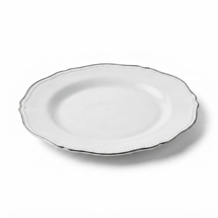 Glownary Heirloom 9 Inch Round Plastic Plates, White with Silver Vintage Rim, BPA Free, Disposable, for Events and Weddings, 12 Count