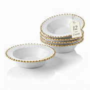 Glownary White Round Plastic Bowl with Gold Beaded Rim, 14 oz Capacity, 7 Inch Diameter, BPA Free, Disposable, 12 Count