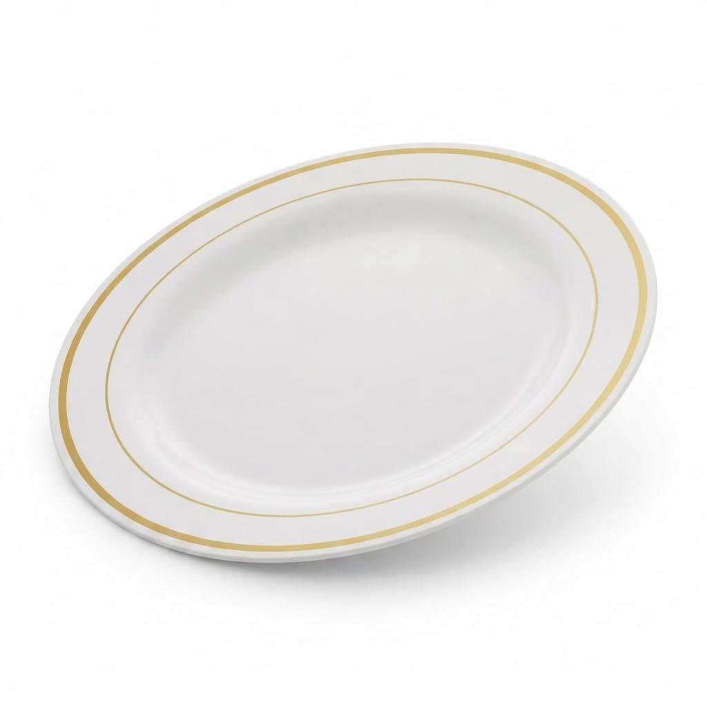 Glownary Halo 9-Inch Plastic Plates, Ivory with Gold Bands, Round Polystyrene, BPA Free, Disposable, 12 Count, for Events and Weddings