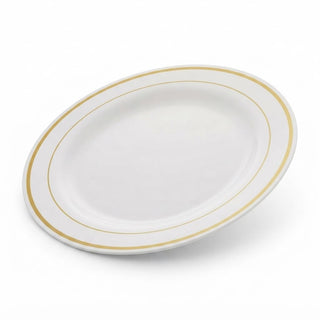 Glownary Halo 9-Inch Plastic Plates, Ivory with Gold Bands, Round Polystyrene, BPA Free, Disposable, 12 Count, for Events and Weddings