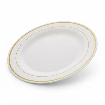 Glownary Halo 9-Inch Plastic Plates, Ivory with Gold Bands, Round Polystyrene, BPA Free, Disposable, 12 Count, for Events and Weddings