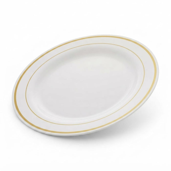 Glownary Halo 9-Inch Plastic Plates, Ivory with Gold Bands, Round Polystyrene, BPA Free, Disposable, 12 Count, for Events and Weddings